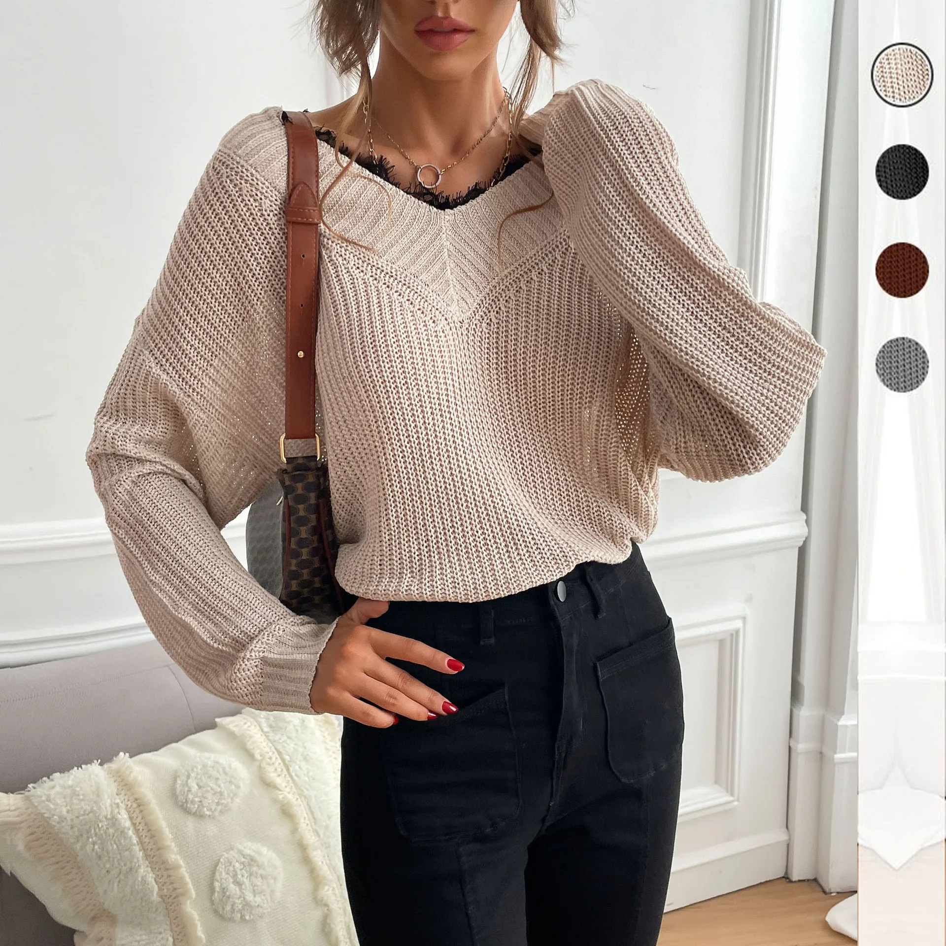 

New Spliced Lace Pullover V-neck Commuter Style Knit Sweater for Women Sweaters Sueter Mujer Invierno Pull Femme Y2k 여성 반팔 니트