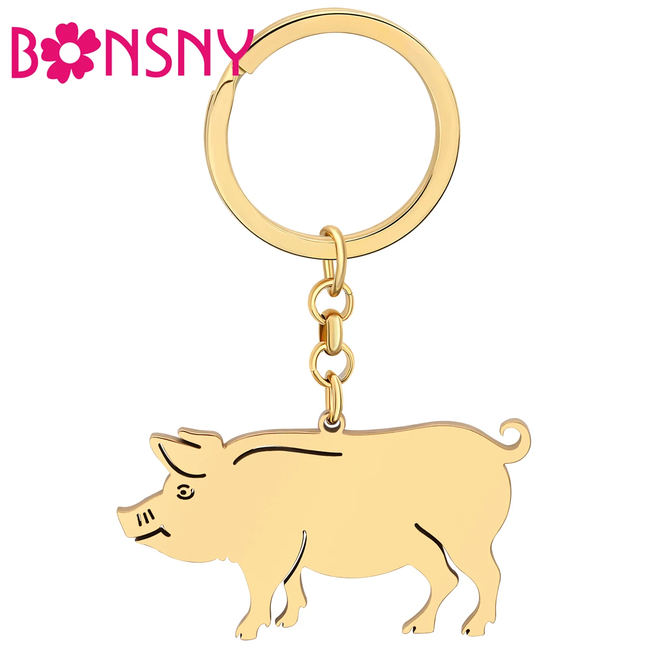 

Bonsny Stainless Steel Gold-plated Fat Cute Pig Keychains Animals Keyring Key Chains Decorations Car Charms Jewelry For Friends
