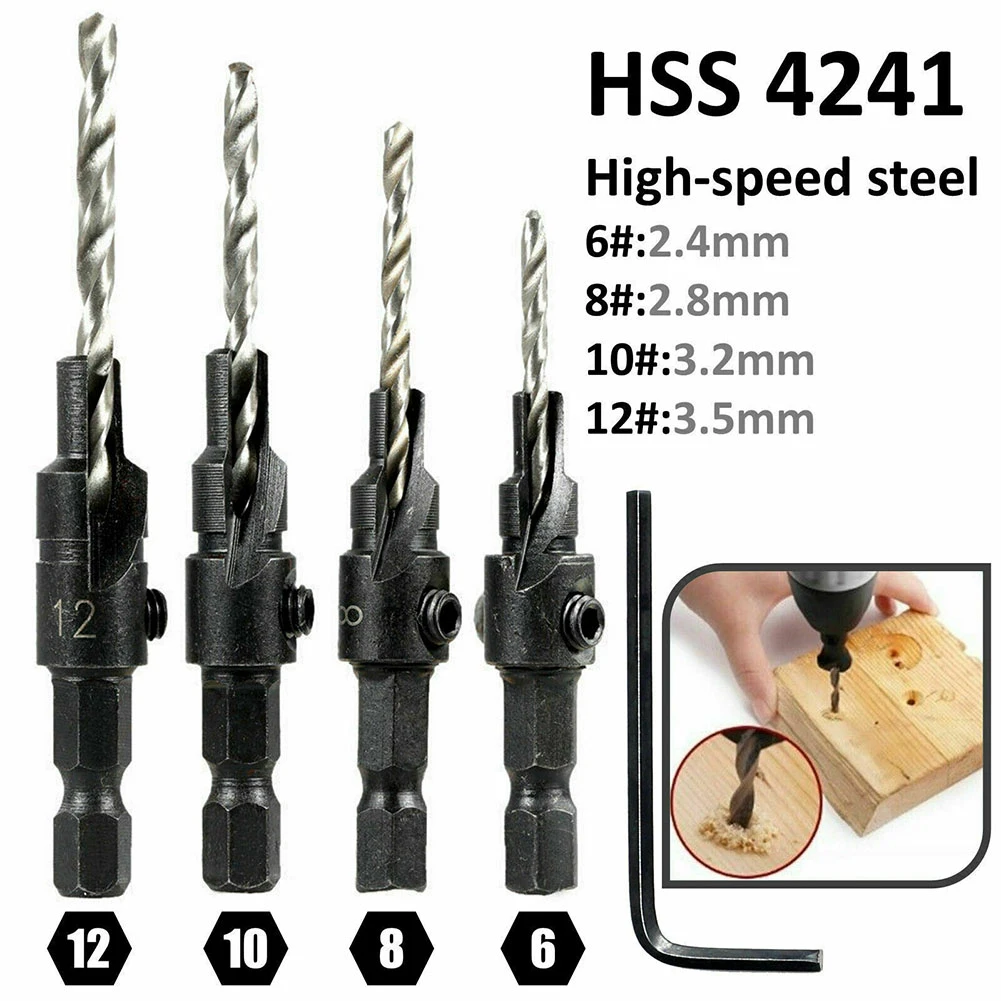 

4pcs 6-12# 6.35mm Hex Shank Countersink Drill Bit HCS Woodworking Step Drill Bit For Woodworking Drilling Counterbore