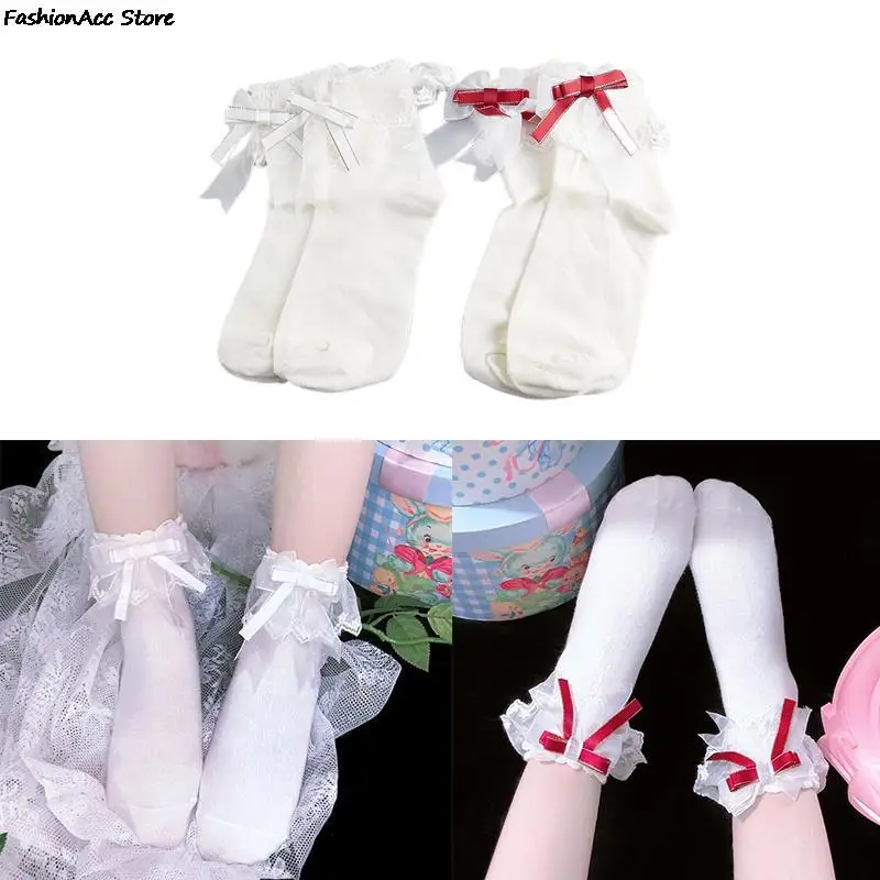 

Lolita Cute Lace Bow Socks Women Ruffles Female Kawaii Breathable Cotton Ankle Princess Solid Lady Harajuku Vintage Short Socks