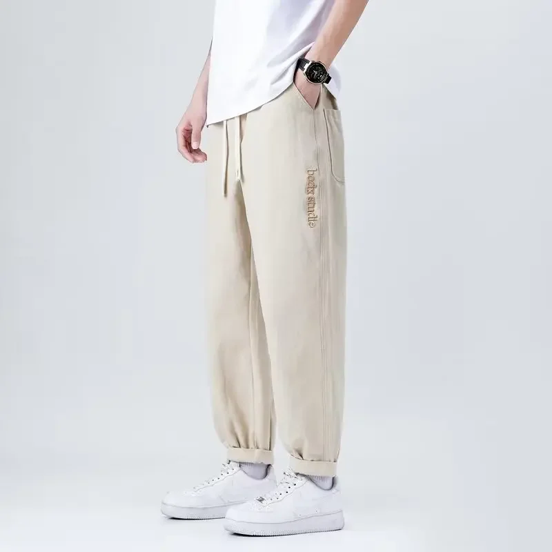 Casual Trendy Cropped Pants Loose Fit Summer Lazy Bunded Feet Men's Fashion Solid Color Style