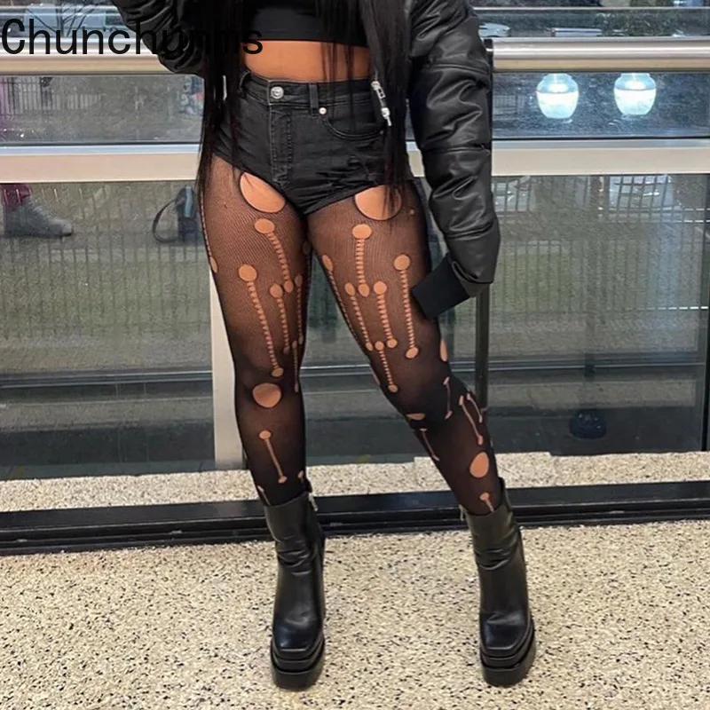 2022 Spring Sexy Hollow Out See Through Stocking Women Black Mesh Hole Tight High Waist Legging Club Streetwear Perspective Pant