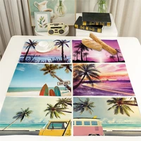 32x42cm summer blue seaside placemat coconut tree landscape cotton linen dining table mats coffe bowl cup coaster pad home decor