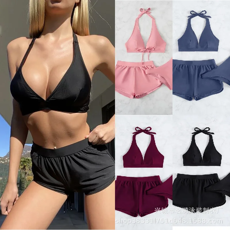 

2023 New Sexy and Fashion Bikini Bikini Swimwear Pure Pigment Fabric Double Pant Top Three Piece Set Women's Solid Beach Style