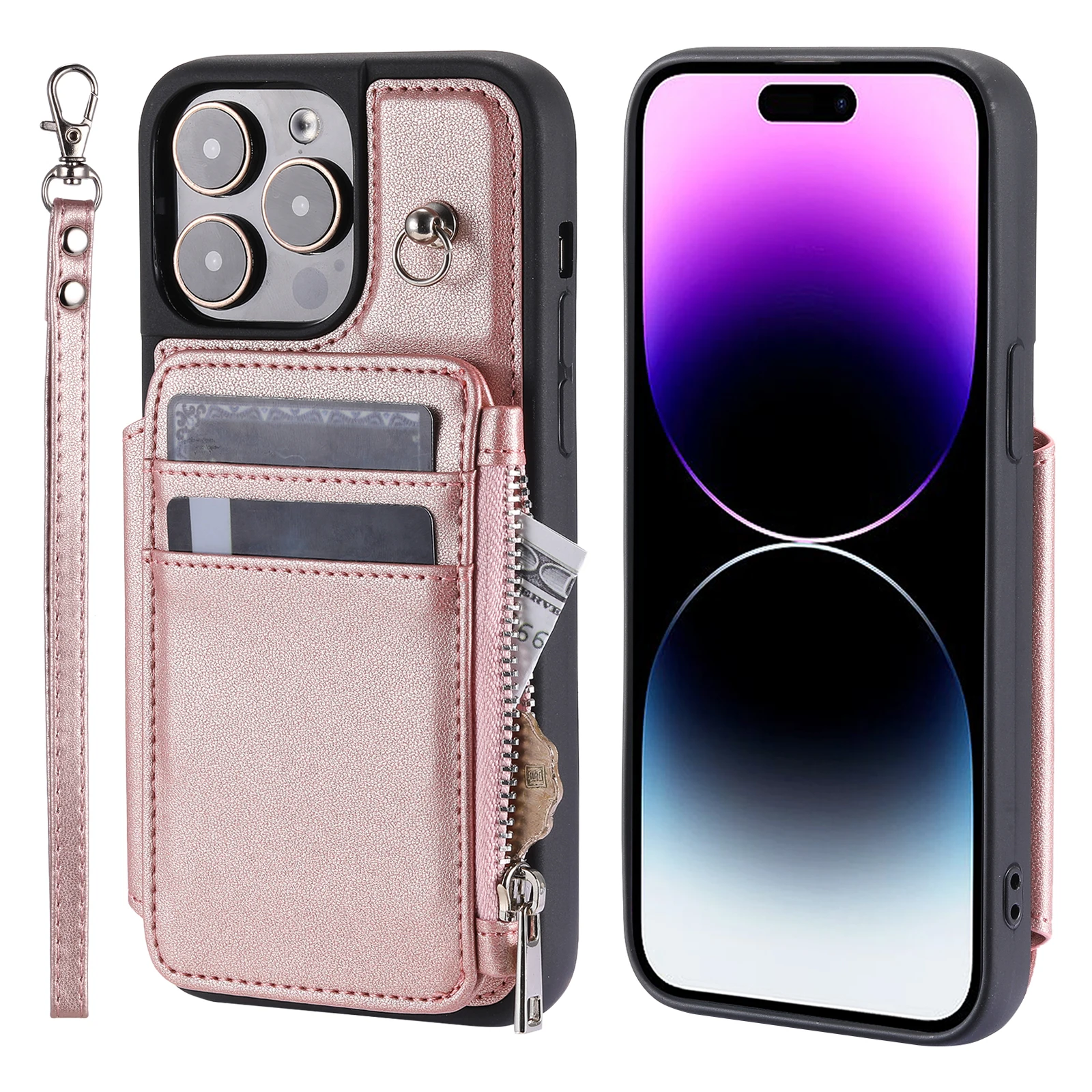 

Zipper Leather Wallet Cards Solt Case for iPhone 14 Pro Max 11 12 13 15 14Plus 78 Se2022 Strap Coin Purse Pocket Bag Phone Cover