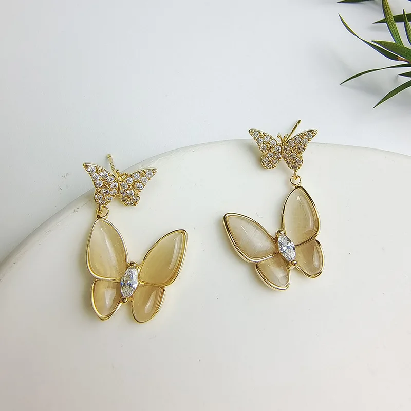 

Opal Butterfly Stud Earrings European and American Fashion Light Luxury Full Diamond Micro Inlaid Zircon Earrings Earrings Women