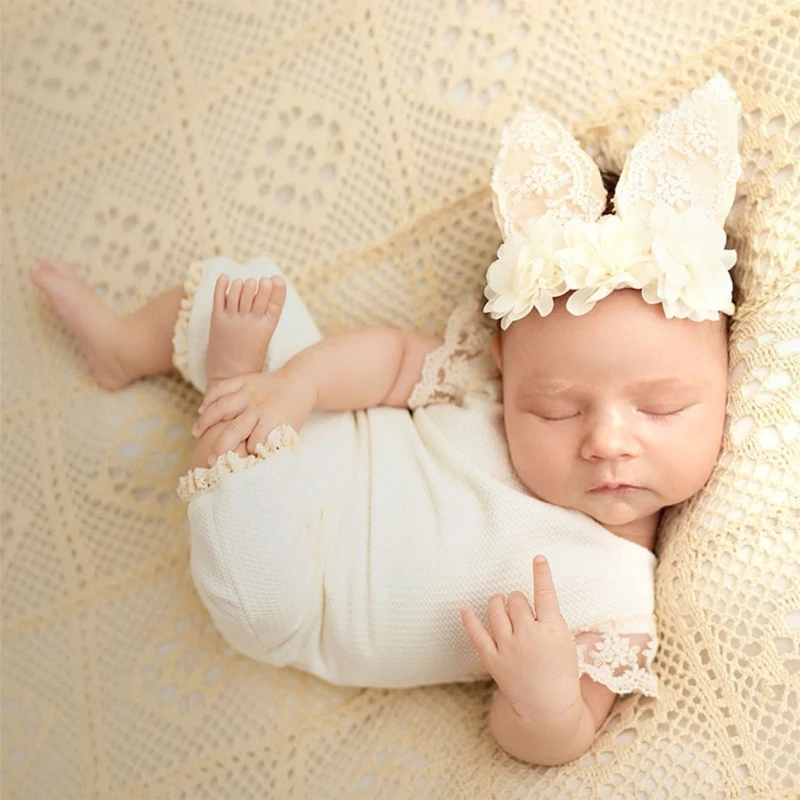 

Photo Shooting Props for Baby Girls 0-1M Headdress & Backless Lace Jumpsuits Monthly Party Photo Clothes Newborn Outfit A2UB
