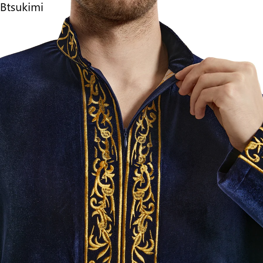 Middle East Gold Velvet Embroidery Muslim Men's Robe Arabian Islamic Prayer Dress National Costume Noble Luxury Long-sleeved Top