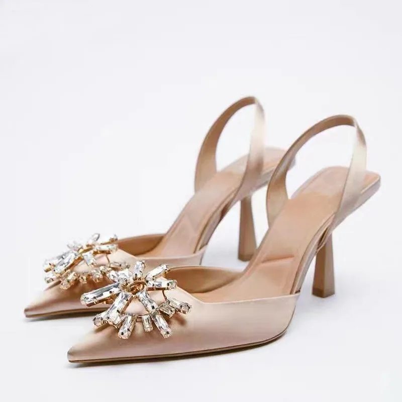 

ZAR 2022 Summer New Rhinestone Single Shoes Women Brethable Fashion Pointed Toe High Heels Sexy Stiletto Muller Sandals Pumps