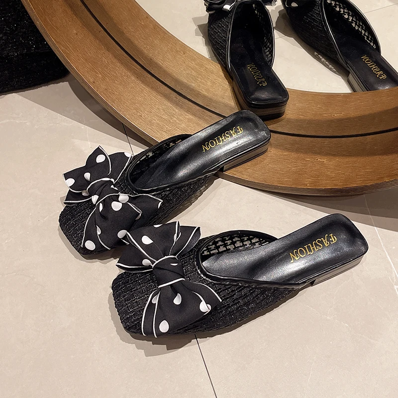 Сандалии женские сетчатые плоская подошва квадратный носок бант на голове