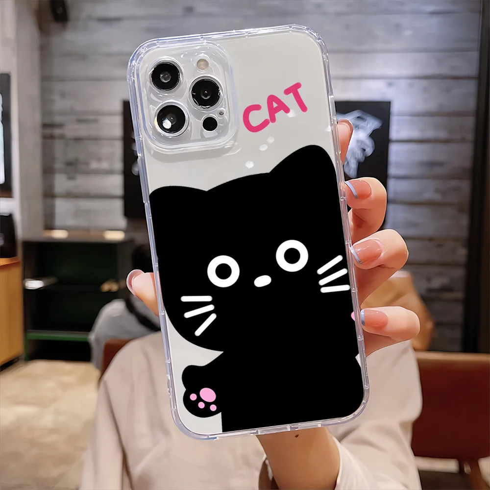 Простой Черный удивительный котенок для IPhone 16 15 14 13 12 11 Pro Max Plus прозрачный