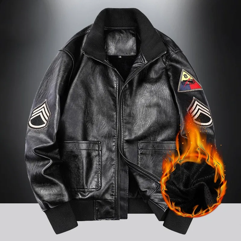 Winter Tanker Vintage Fleece PU Leather Jacket Men Embroidery Military Uniform Retro Clothe Tactical Army Bomber Oversized Coats