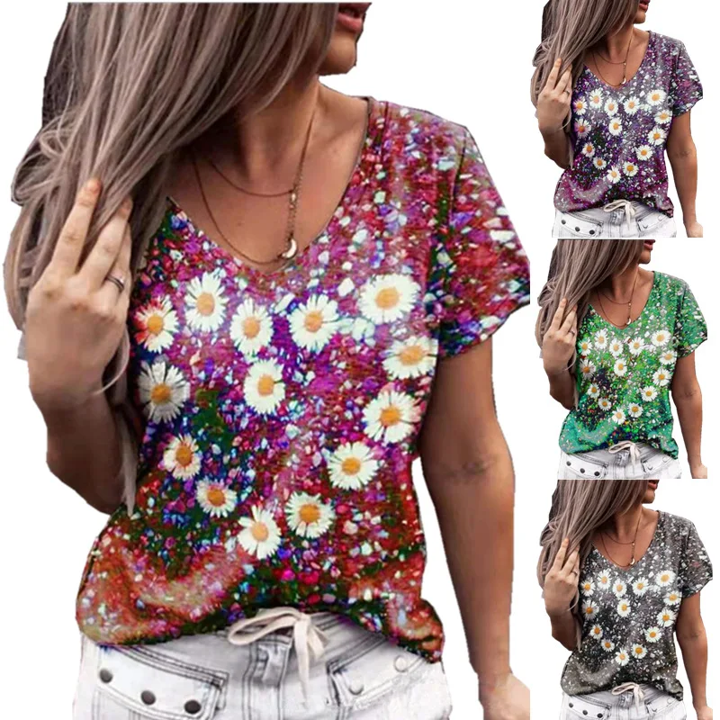 

Summer Women's V-neck Short Sleeve T-Shirt Love Heart Floral Printing Top Female Casual Clothes Soft Clothing Comfortable Tees