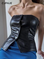 cjfhje pu bodycon strapless sleeveless single breasted streetwear crop tank top 2022 women summer autumn y2k