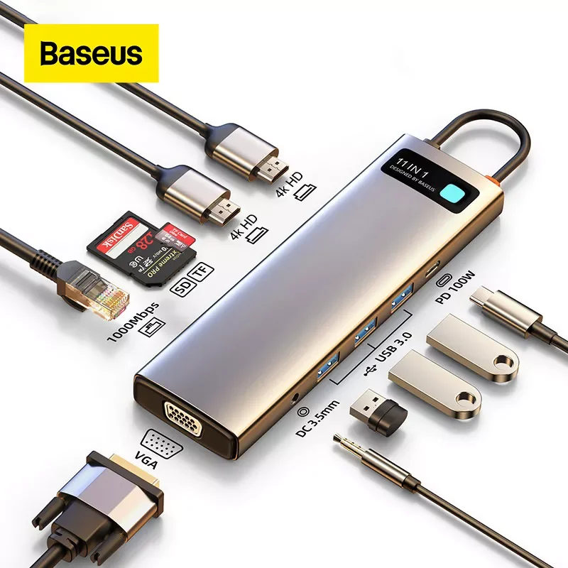 

Baseus USB C HUB to HDMI-compatible VGA USB 3.0 Adapter 9/11 in 1 USB Type C HUB Dock for MacBook Pro Air PD RJ45 SD Card Reader
