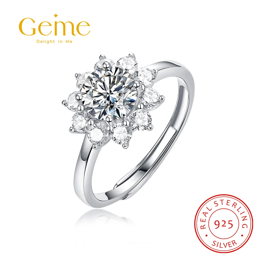 

Geme Luxury Round Cut 1 Carat Moissanite Rings for Women 925 Sterling Silver Zirconia Paved Flower Wedding Engagement Ring Gift