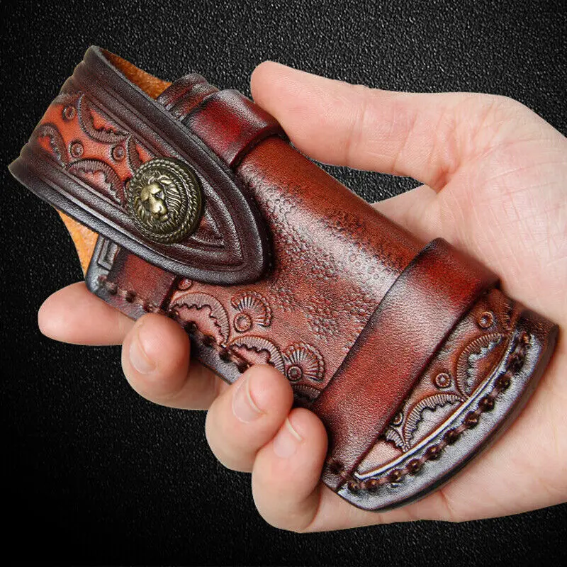 

1PC Head Leather Folding Knife Case Plant Tanning and Carving Flower