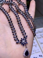 natural blue sapphire stone necklace natural gem pendant necklace 925 sliver trendy luxury big leavesl women party jewelry
