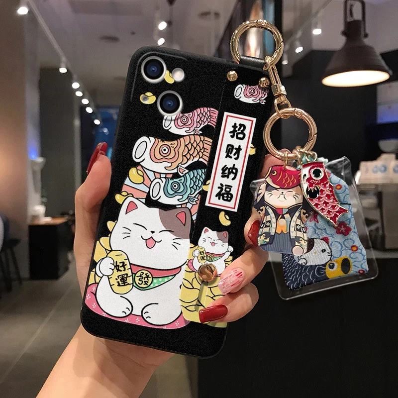 Lucky Cat Wristband Bracket Shell for iPhone 11 12 13 14 Pro Max XS MAX XR Ornament Soft Back Cover for iPhone X 8 7 6 6S Plus