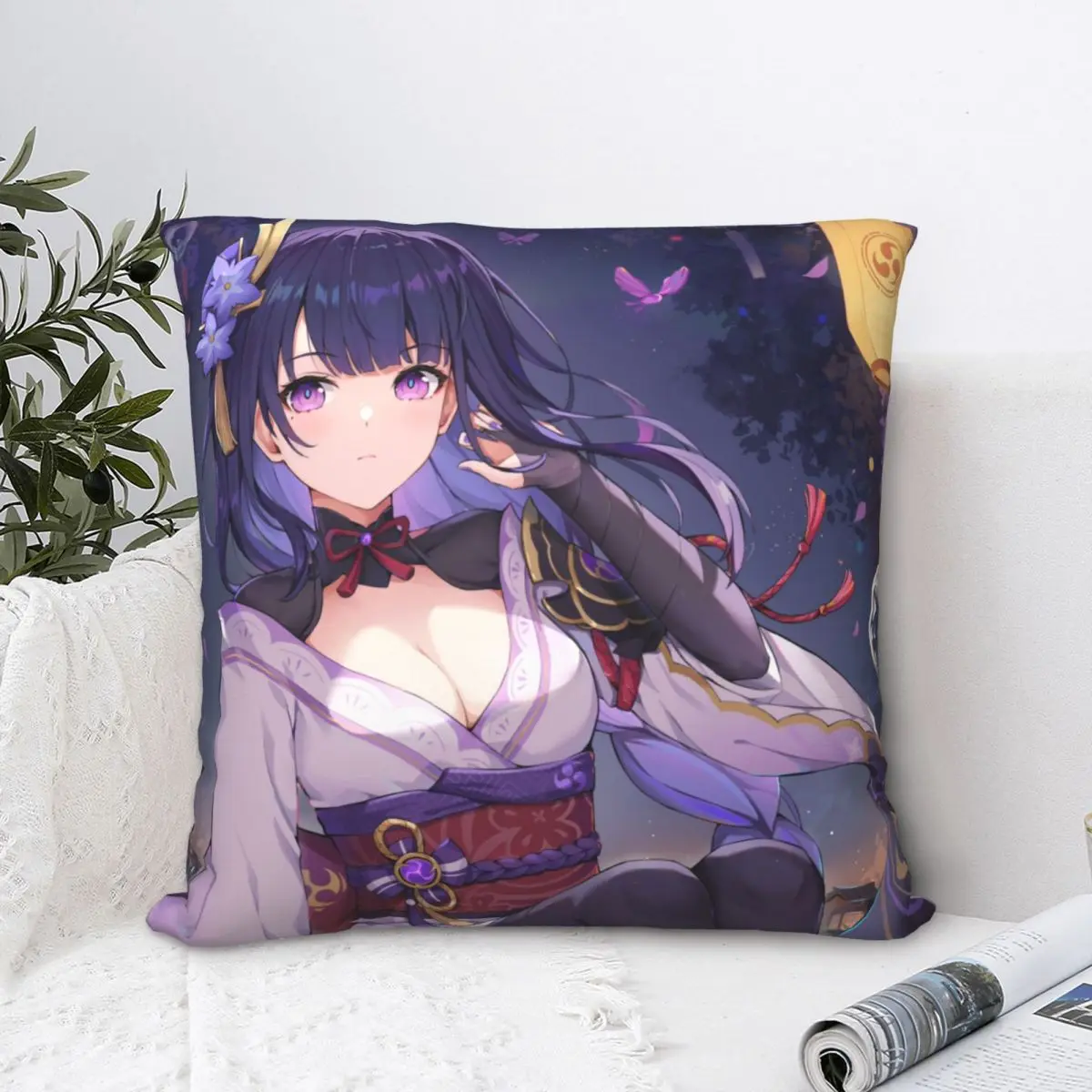 

Raiden Shogun Polyester Cushion Cover Genshin Impact Game Sofa Chair Decorative Breathable Hug Pillowcase