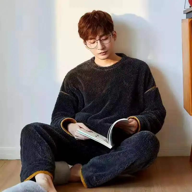 

Men's Flannel Winter Thick Warm Long Sleeve Pijama Coral Velvet Sleepwear Suit Pyjamas Lounge Homewear Home Clothes