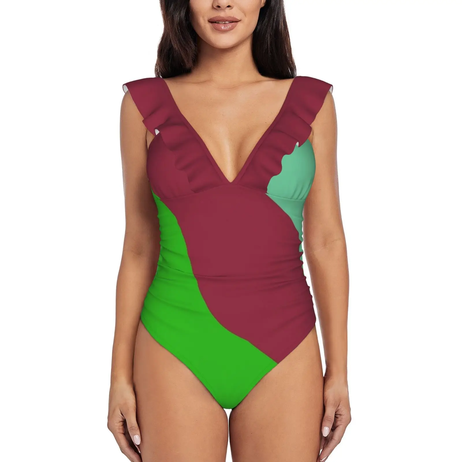 

Купальник женский слитный камуфляжно-зеленый/красный с оборками и принтом