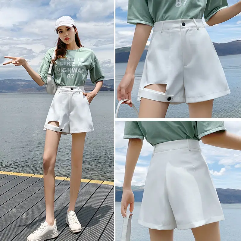 High Quality Women Casual High Waist Hollow Out Shorts Lady Loose Solid Color Green Black White Shorts 2023 New Summer