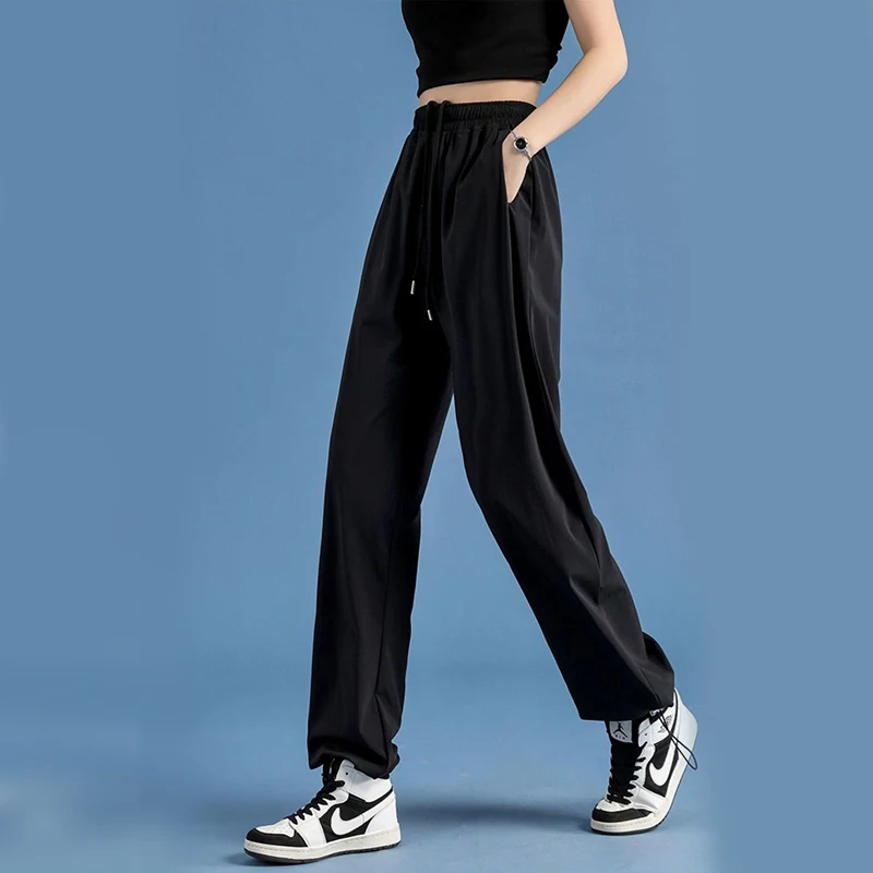 

Gidyq летние модные ледяные шелковые спортивные брюки для женщин повседневные универсальные свободные брюки с широкими штанинами Y2K Женские однотонные корейские брюки с высокой талией