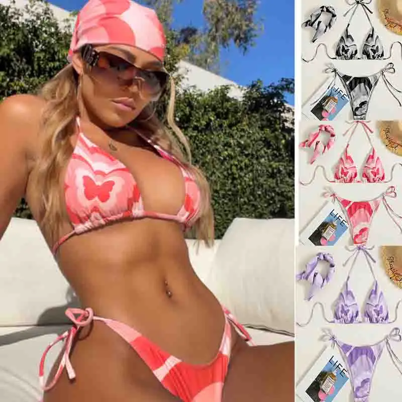 

Женские сексуальные купальники-бикини из 3 предметов, купальник с высоким вырезом и завязками, стринги с рисунком в виде сердечек, комплект ...