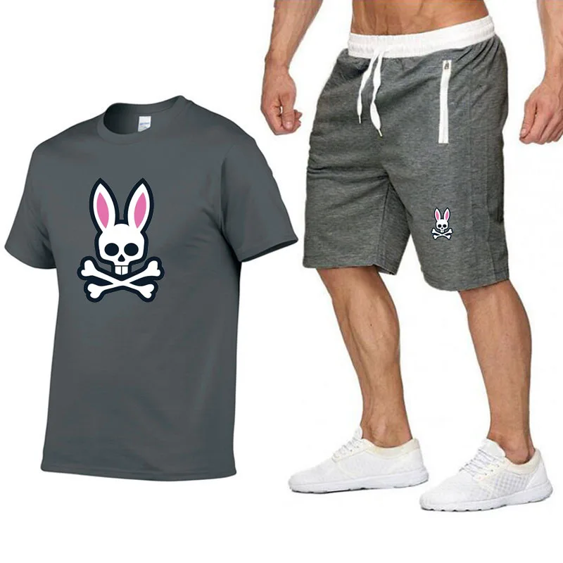 Outdoor Sports Jogging Short-sleeved Suit Ghost Rabbit Print  Cotton Men's T-shirt + Shorts Summer Casual Suit Women' T-shirt