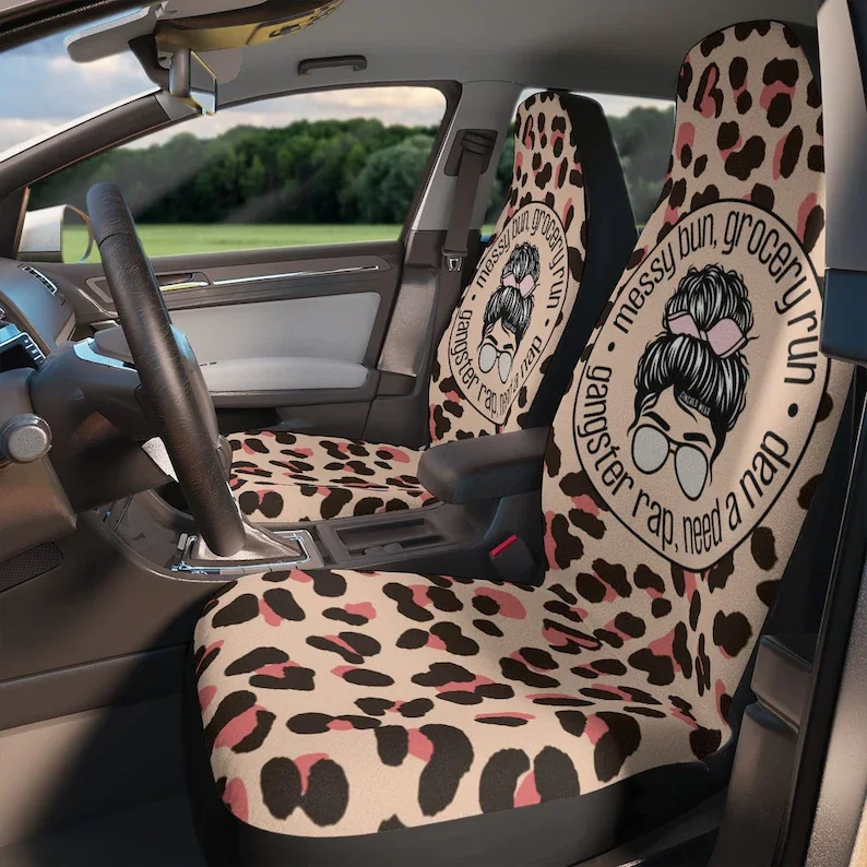 

Set of 2 Universal Fun Car Seat Covers | Messy Bun Grocery Run, Gangster Rap Need A Nap | Unique Custom Design, Not Available In