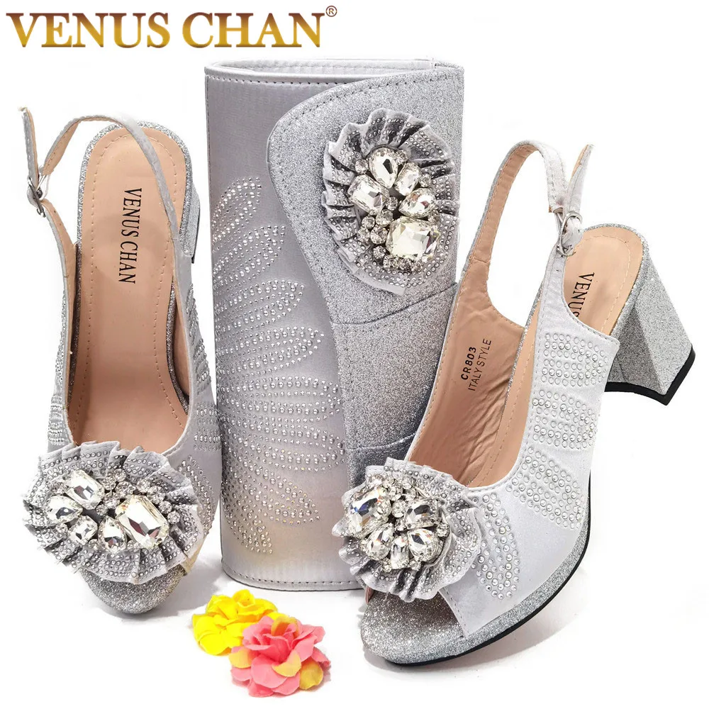 

Venus Chan, новейшая благородная и Элегантная Модная специальная стильная женская обувь и сумка в серебряном цвете для вечерние ринки и свадьбы