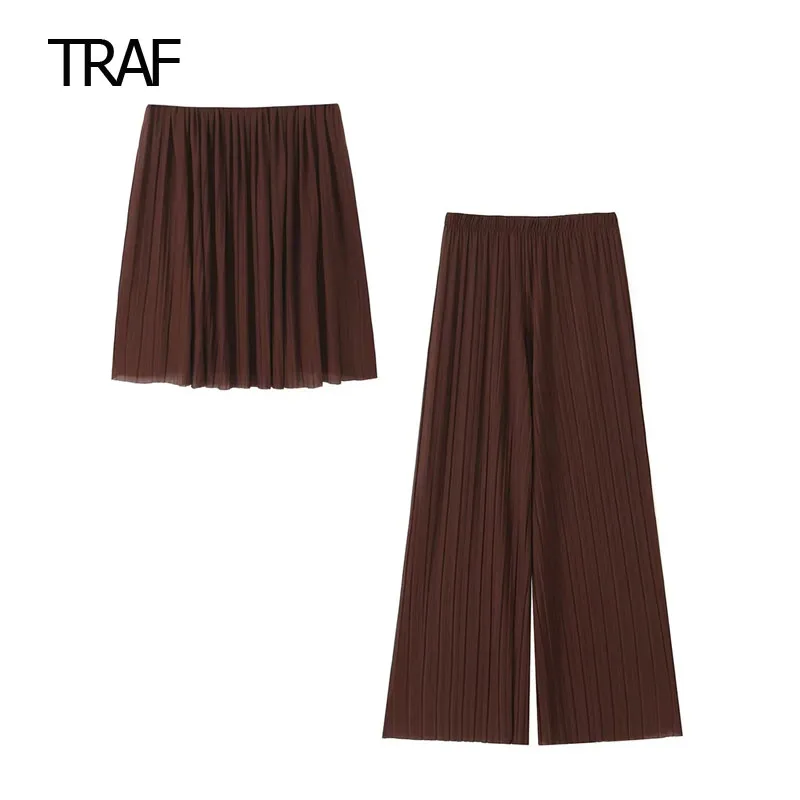

TRAF Mesh Pleated Set Summer Outfits For Women 2023 Wide Leg Elastic Waist Pants And Strapless Fluid Top Set Elegant Casual Set