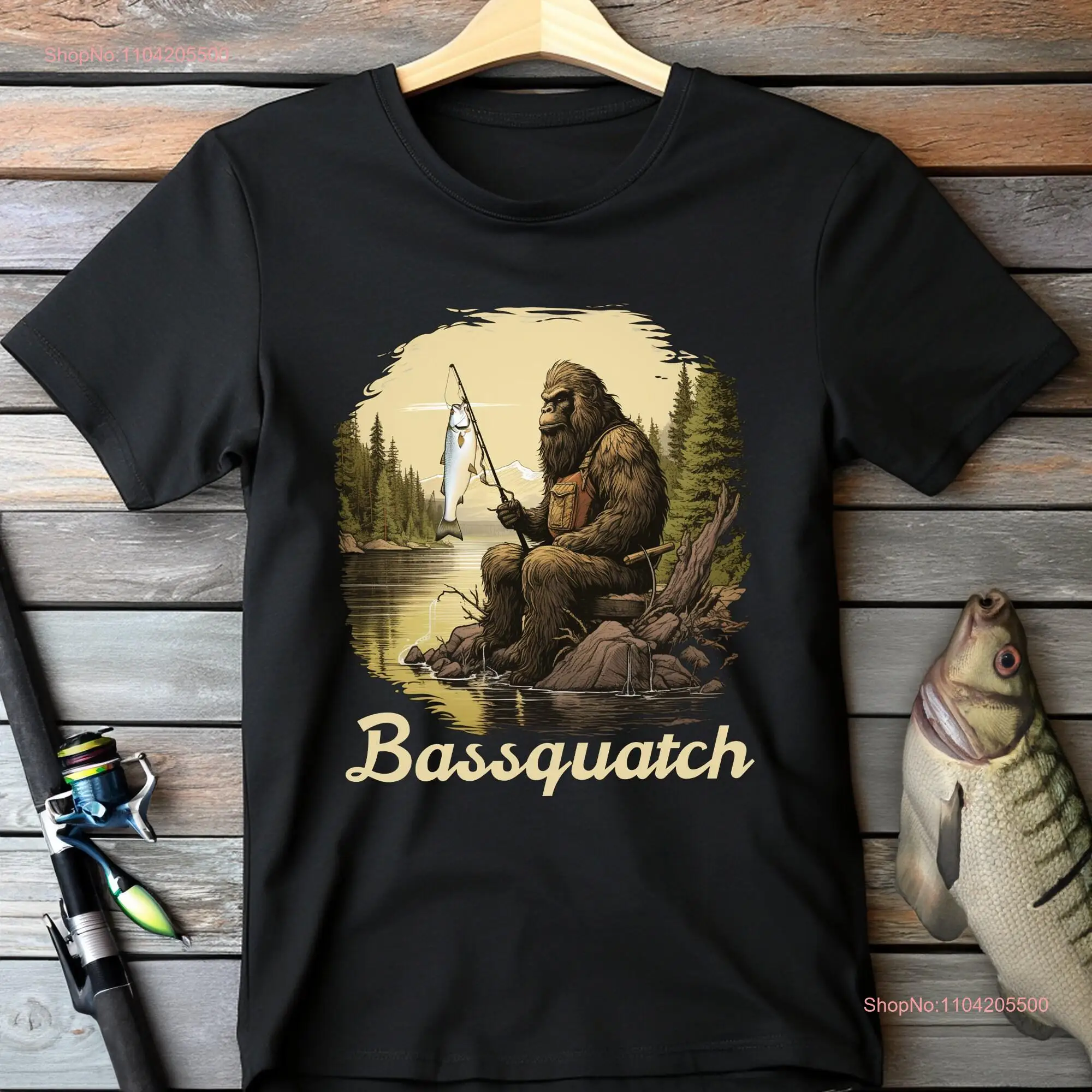 Bassquatch Bigfoot Fishing T Shirt Sasquatch for Him Cryptid Camping long or short sleeves