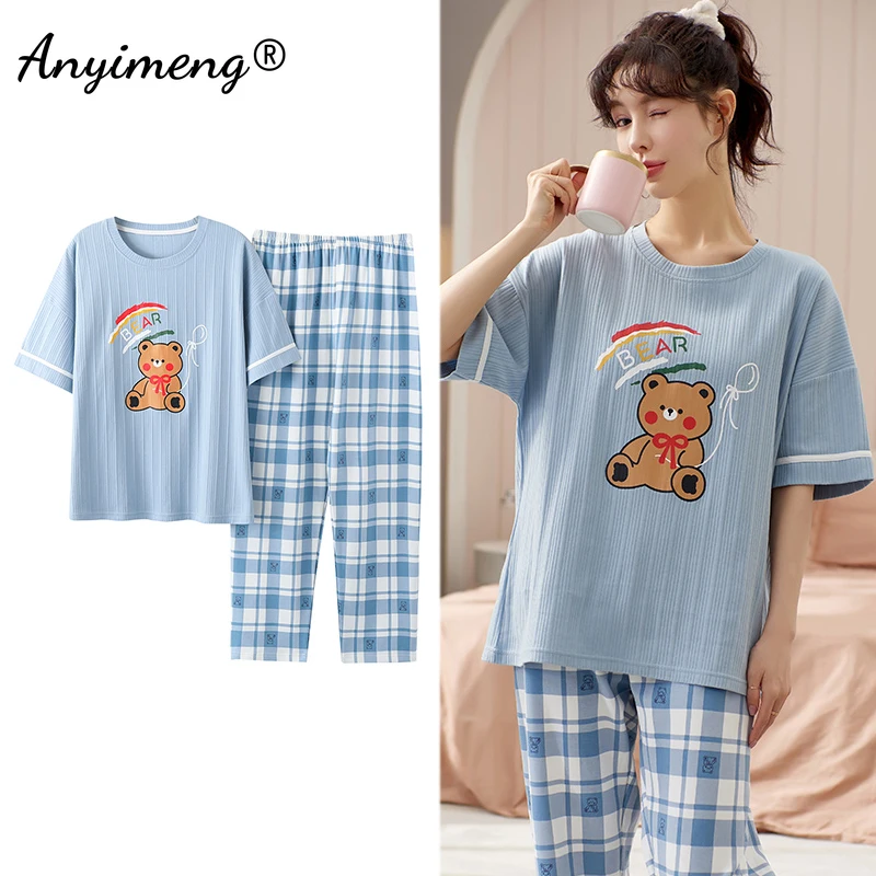 SUKAE M-5XL Big Size Women's Pajamas Set Fashion Casual Woman's Sleepwear Short Sleeve Long Pants Summer Cotton Shorts for Women