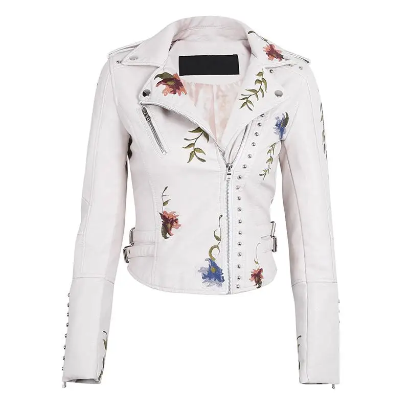 Punk Style Faux Soft Leather Jacket Women Embroidery Floral Faux Leather Jacket Pu Motorcycle Epaulet Zipper Outerwear