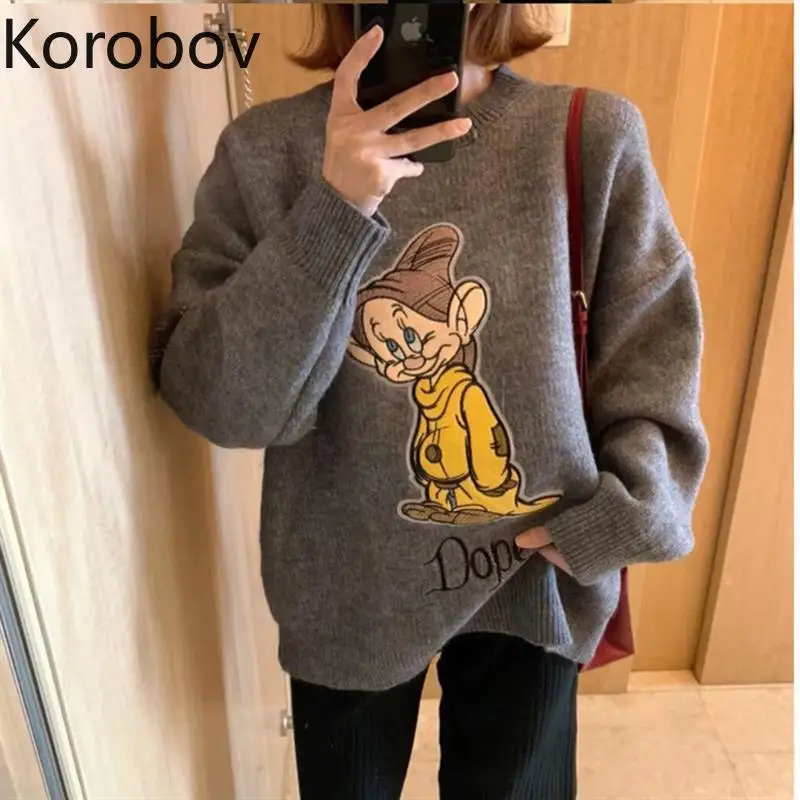

Korobov Korean Streetwear Cartoon Knitted Sweaters Japanese Harajuku O Neck Long Sleeve Sueter Mujer Vintage Kawaii Cute Jumpers