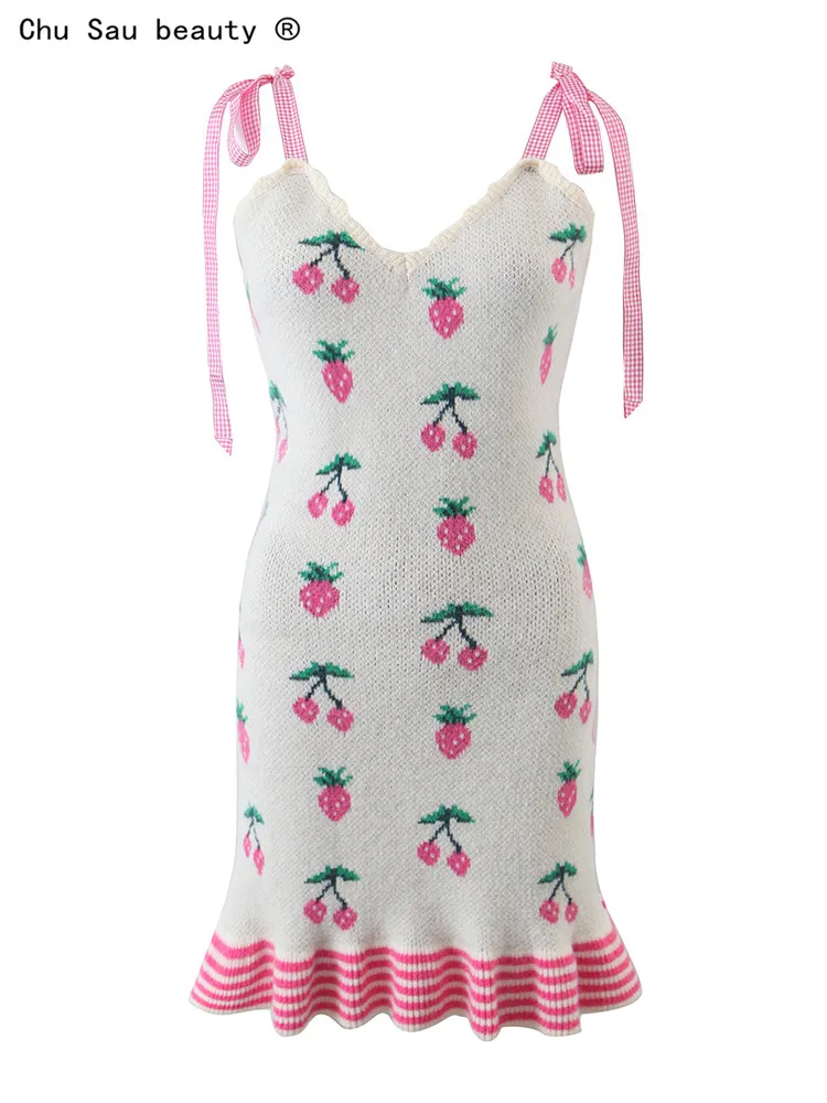 

Women Knit Dress 2022 Fall New Vintage Chic Strawberry Jacquard V-Neck Ruffled Lace-Up Short Strap Mini Dress Female
