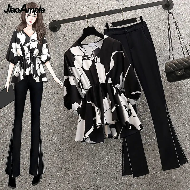 

2022 Summer New Short Sleeve Top Pants Suit Women Print Waist Chiffon Shirts Trousers Two Piece Korean Elegant V-Neck Blouse Set