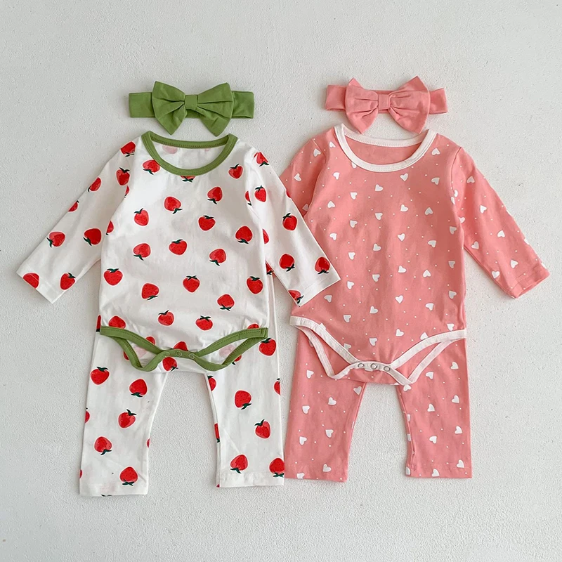 

Весенне-осенний костюм для маленьких девочек, хлопковый комбинезон с длинным рукавом и принтом, штаны, повязка на голову, пижамный комплект для маленьких девочек