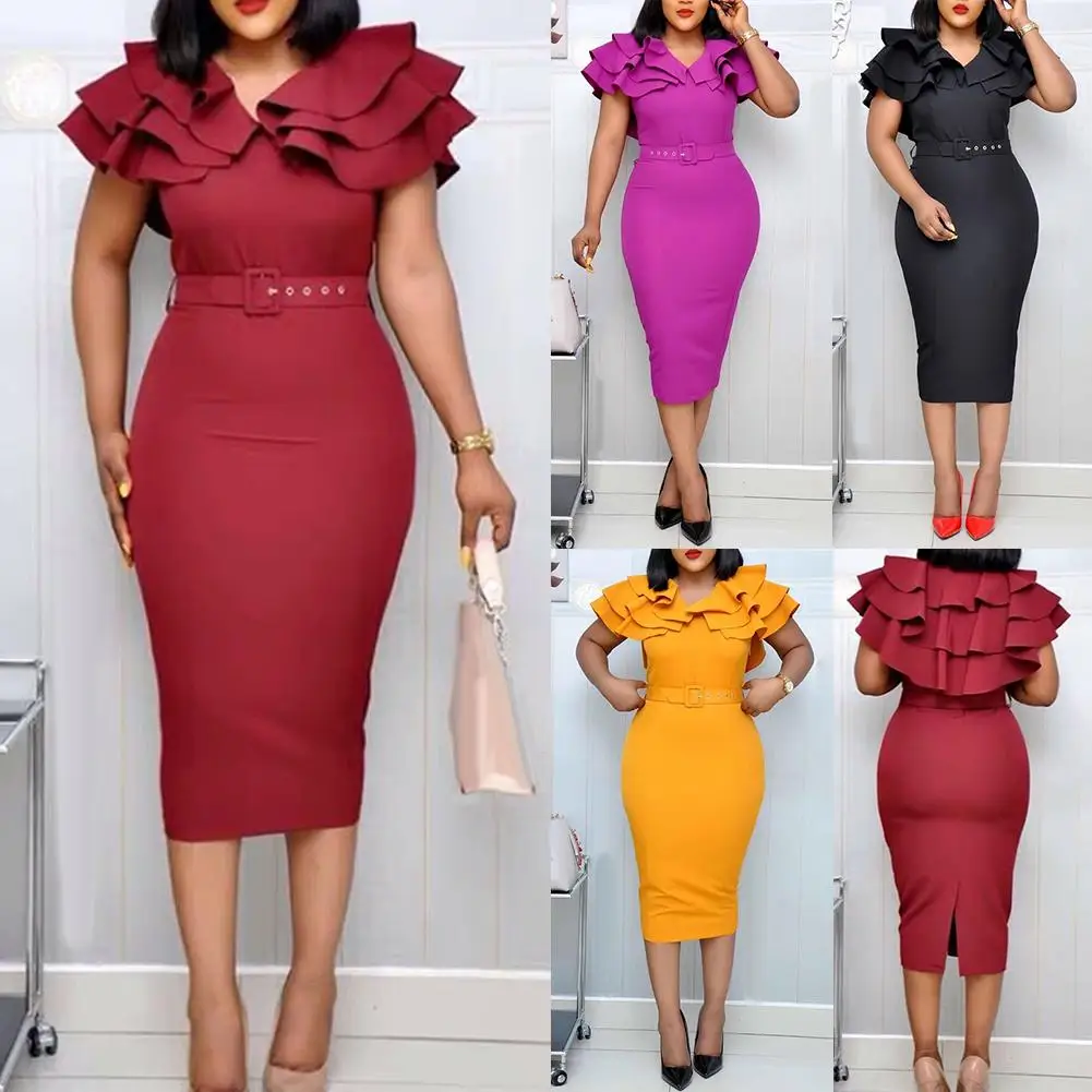 

Fashion Women Dresses Summer 2021 Office Lady Solid Color V Neck Short Ruffled Sleeve Belt Bodycon Midi Dress Vestidos Robe New