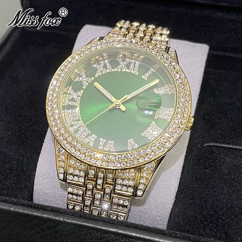 

MISSFOX Fashion Brand Gold Watches Men Luxury Iced Out Full Diamond Watch Date Calendar AAA Jewelry Clocks Male 2022 Hot Sell