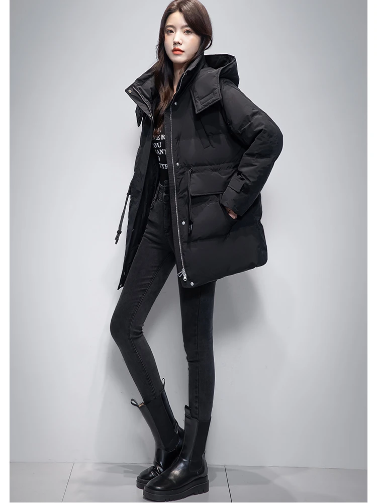 Winter Jacket Sustans Women Parkas 2022 New Snowsuit Fashion Korean Loose Coats Long Sleeves Hooded Solid Female Bread Clothes