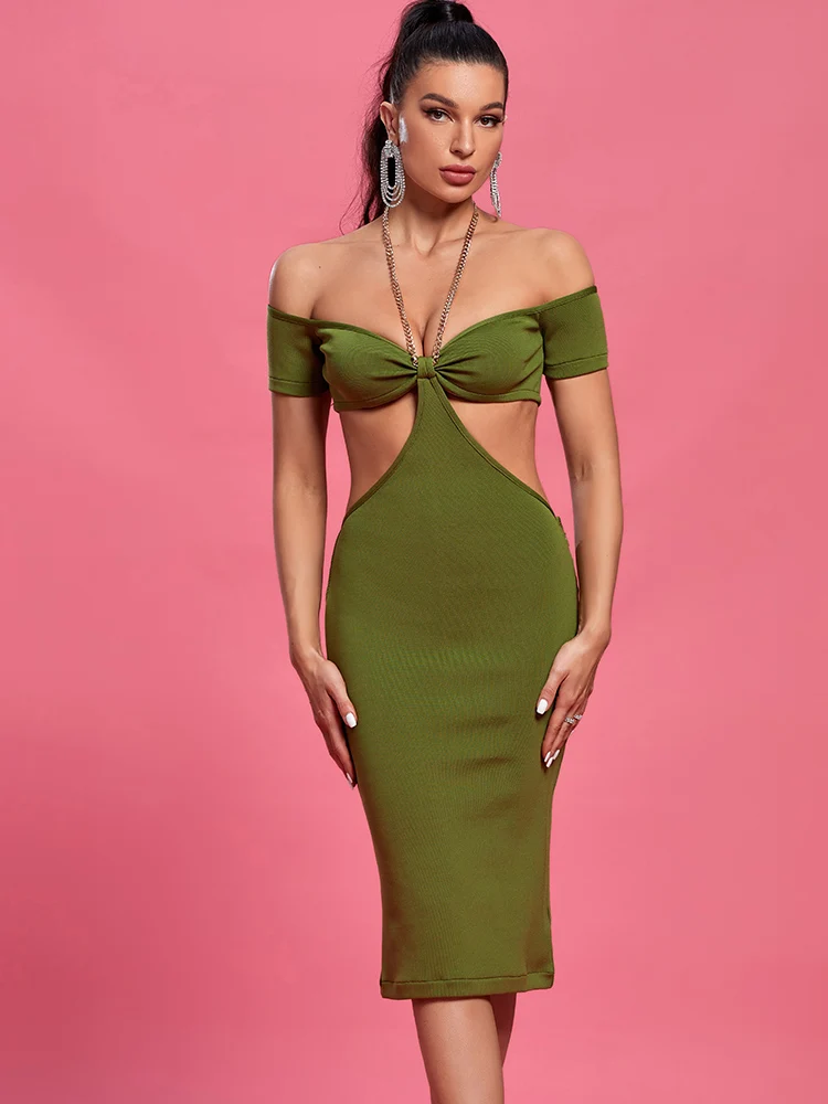 

Женское облегающее платье миди, зеленое вечернее платье, облегающее элегантное соблазнительное украшенное цепочкой вечернее Клубное плат...