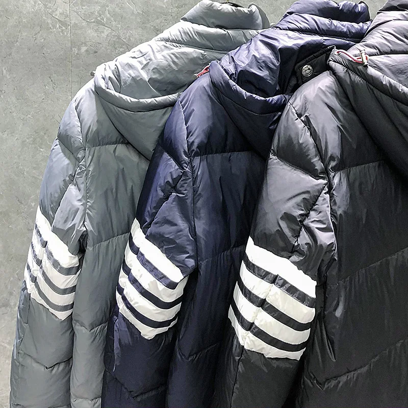 TB THOM Winter Jacket Men Classic White 4-Bar Striped Style White Duck Down Coat High Quality Hooded Warm Women Winter Coats