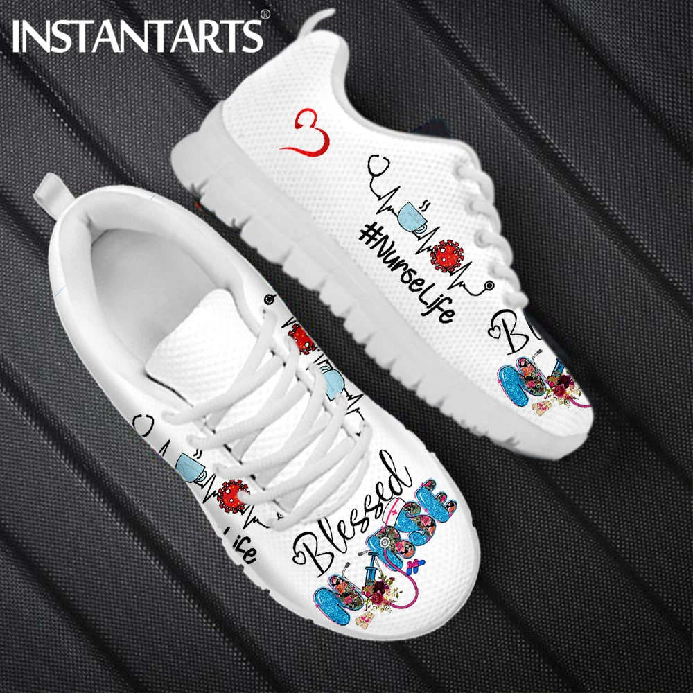 

INSTANTARTS New Arrival Women Casual Mesh Sneakers Nurse Word Printing Girls Flat Shoes Breathable Lace up Footwear Zapatillas