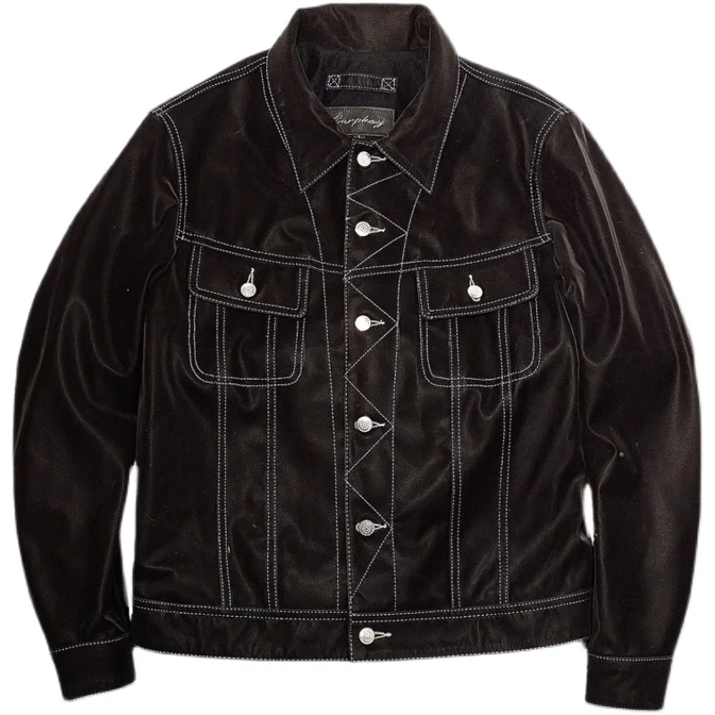 

Men's Sheepskin Cowboy Jacket Classic Genuine Leather Motorcycle Storm Rider Jacket Vintage Coat for Autumn Windproof Husband