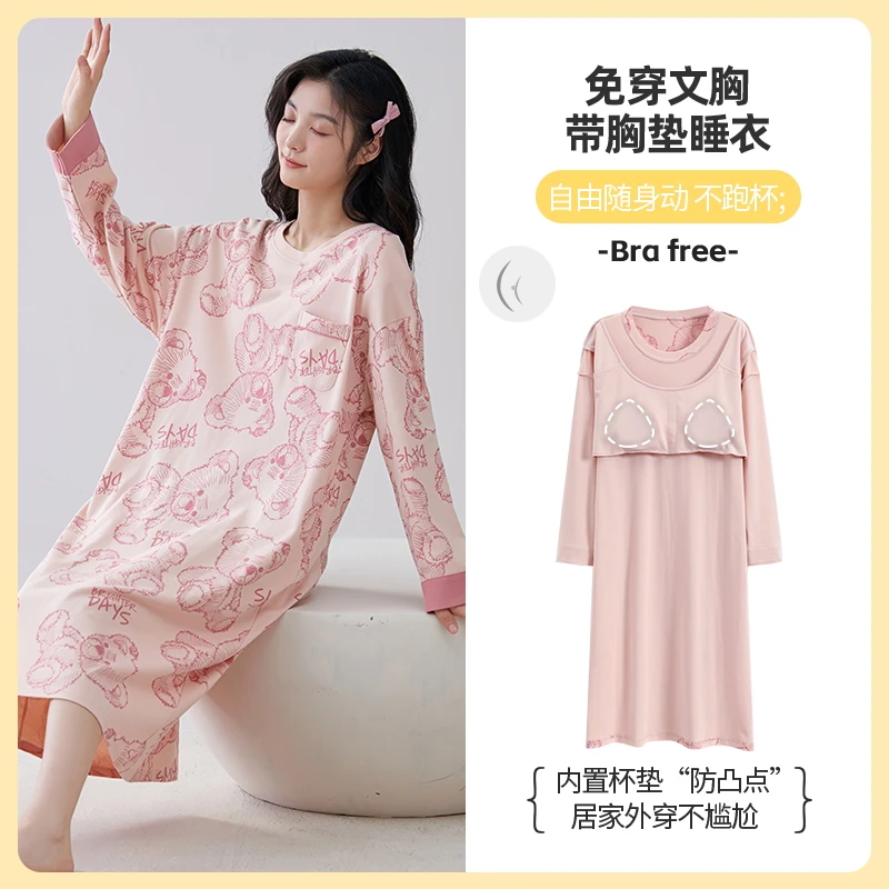 

Cotton Nightgown Sweet Homewear Long sleeves Sleepwear With Chest Pad Outfit Comfy Casual pajamas Cartoon Home Clothes Plus Size