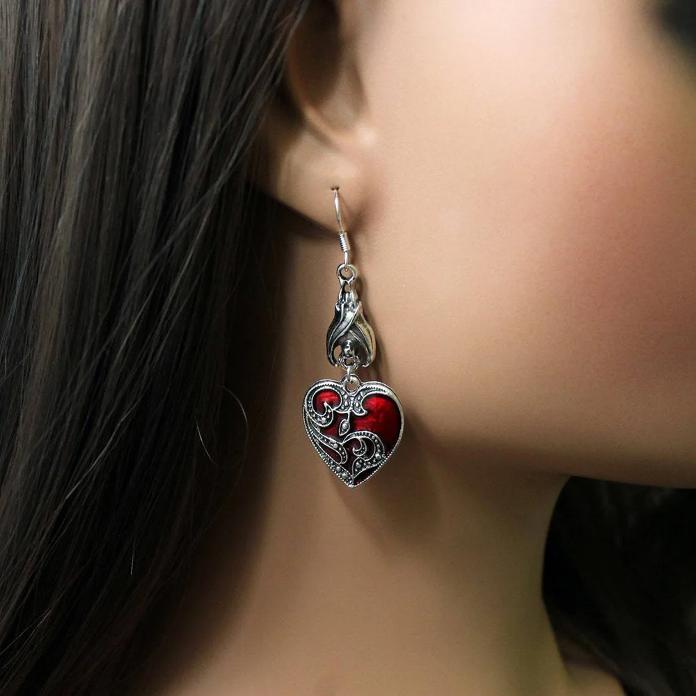 

Vintage Gothic Mysterious Blood Rose Love Heart Dangle Earrings For Women Goth Bat Earrings Party Jewelry
