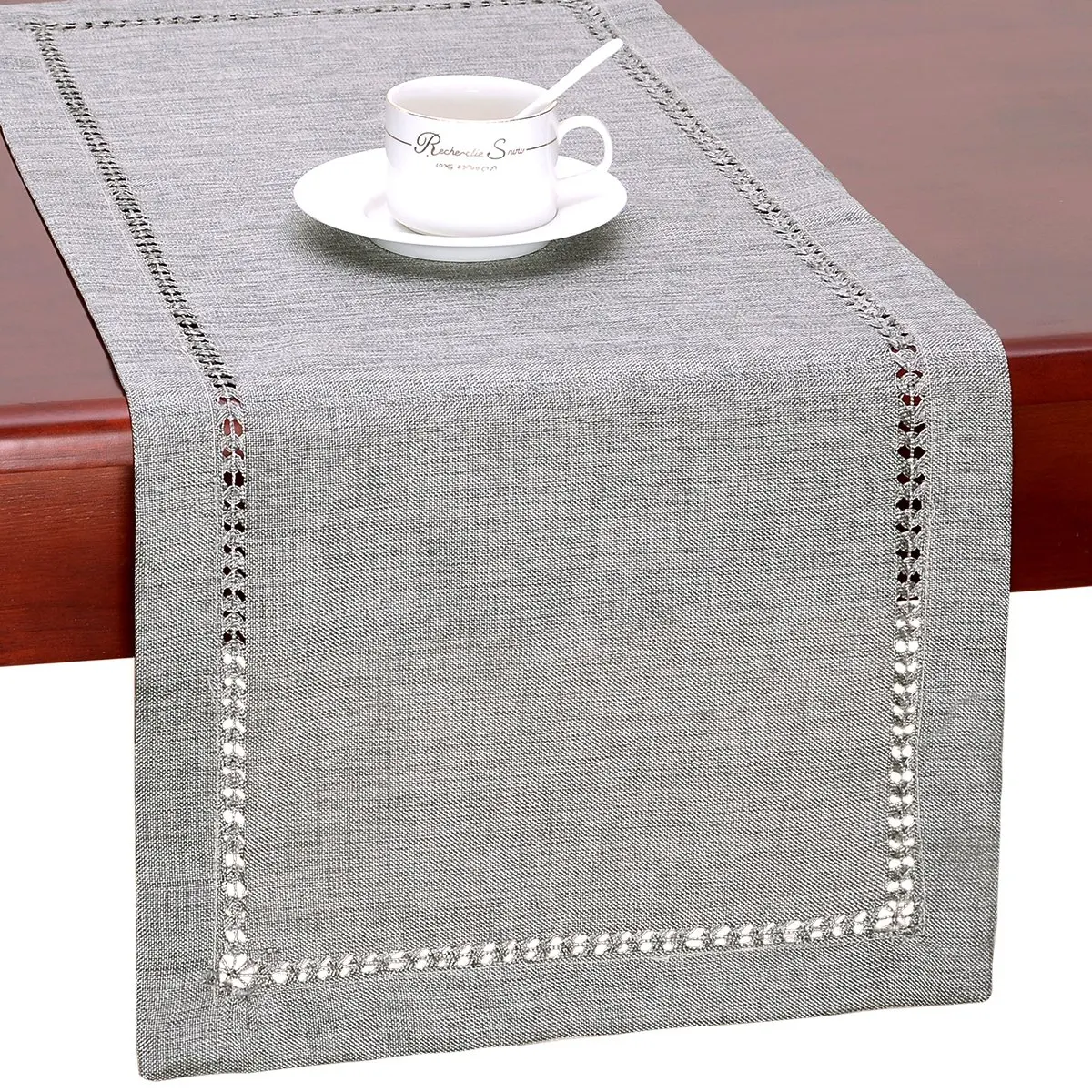 

Handmade Hemstitch Gray Dining Table Runner Or Dresser Scarf Rectangular 32x183CM for Family Kitchen Table Runners